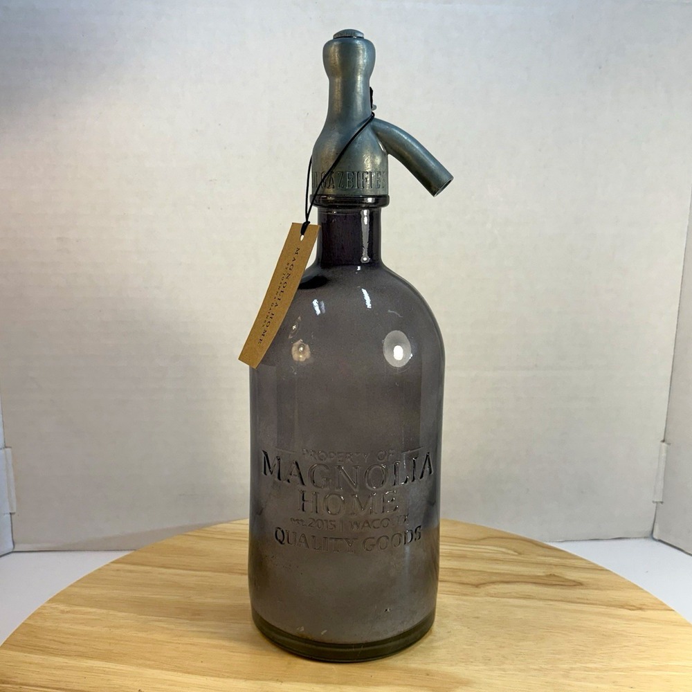 Magnolia Home Gray Glass Decorative Seltzer Bottle w/ Metal Spout, Farmhouse